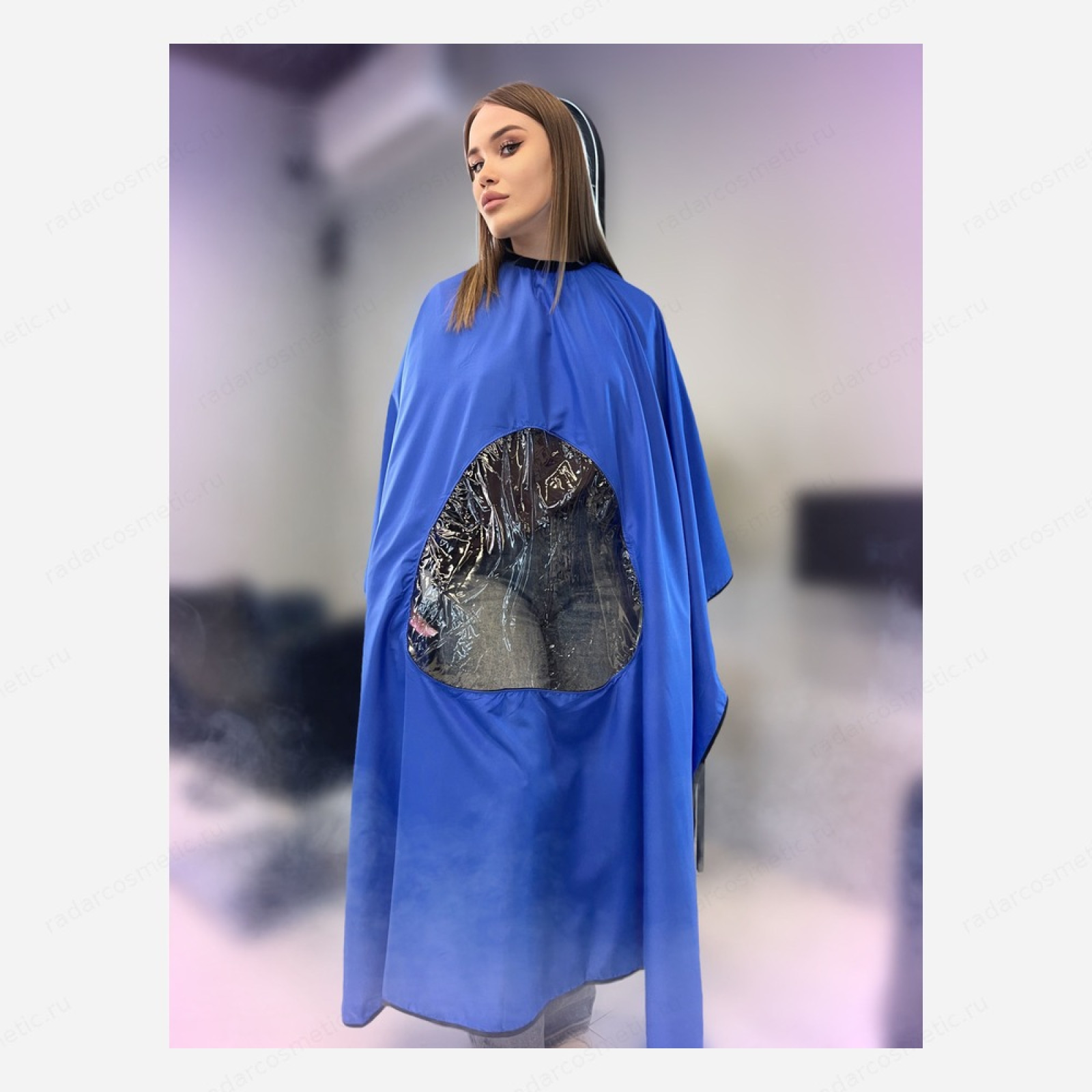 Пеньюар парикмахерский с окном для телефона, синий